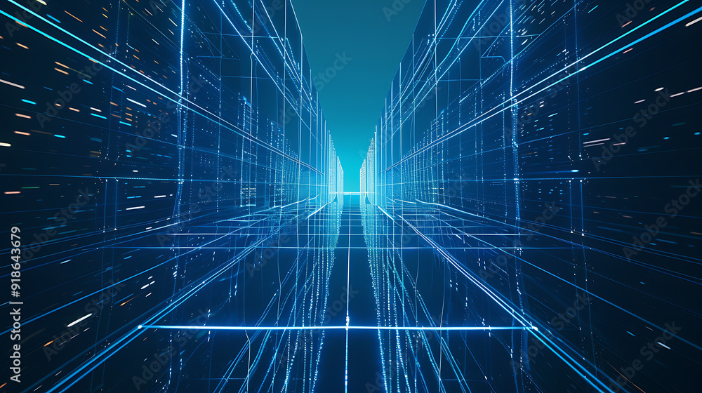a futuristic building or data center, glowing with blue light against a dark background. The abstract, grid-like patterns suggest digital connectivity or advanced technology a futuristic building or data center, glowing with blue light against a dark background. The abstract, grid-like patterns suggest digital connectivity or advanced technology