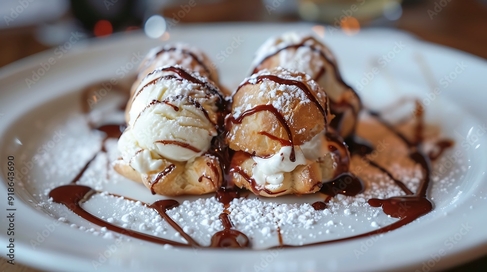 Beautifully arranged plate of profiteroles with vanilla ice cream and rich chocolate sauce drizzled over, garnished with powdered sugar, perfect for indulgent dessert moments Beautifully arranged plate of profiteroles with vanilla ice cream and rich chocolate sauce drizzled over, garnished with powdered sugar, perfect for indulgent dessert moments