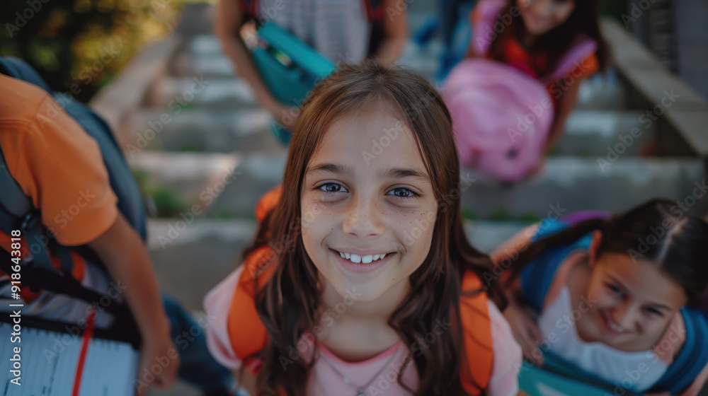 Happy preteen girl smiling for a portrait, surrounded by classmates with backpacks and notebooks on outdoor stairs. Happy preteen girl smiling for a portrait, surrounded by classmates with backpacks and notebooks on outdoor stairs.