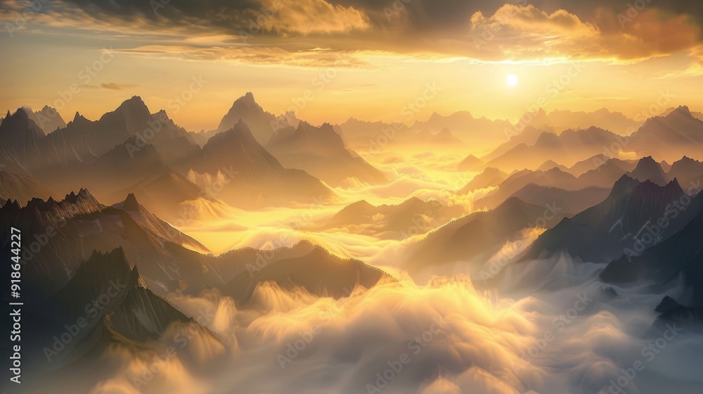 A tranquil sunrise over a mountain range, with mist rising from the valleys and golden light illuminating the peaks A tranquil sunrise over a mountain range, with mist rising from the valleys and golden light illuminating the peaks