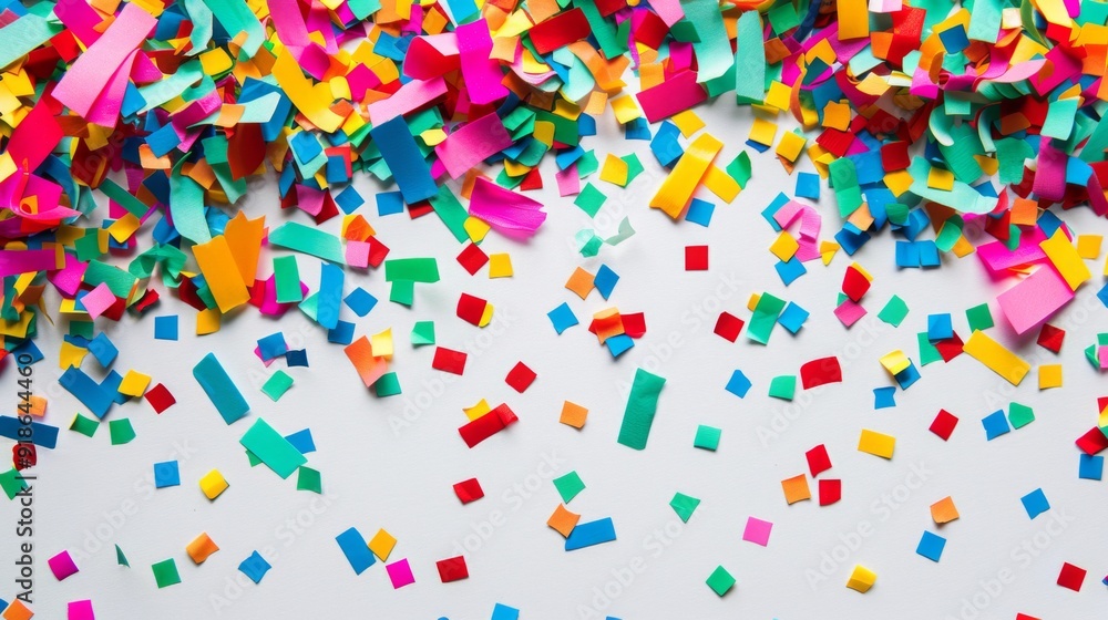 A vibrant confetti background with colorful paper pieces scattered across a white surface, creating a festive vibe A vibrant confetti background with colorful paper pieces scattered across a white surface, creating a festive vibe