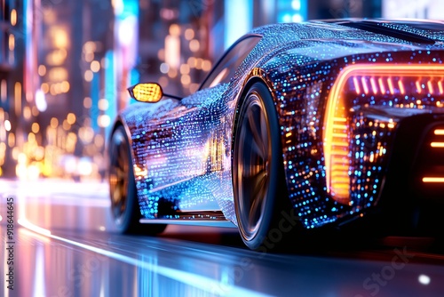 Sleek Futuristic Sports Car with Glowing Digital Patterns in a Neon Cityscape