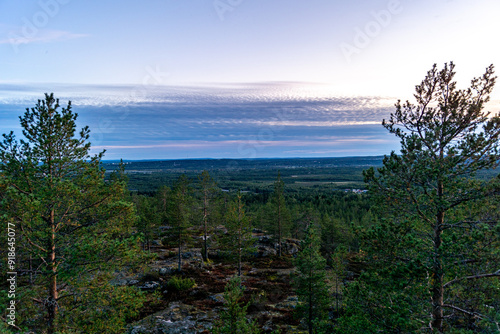 aerial view over Rovaniemi town in Lapland Finland in summer with summer nights and sunset