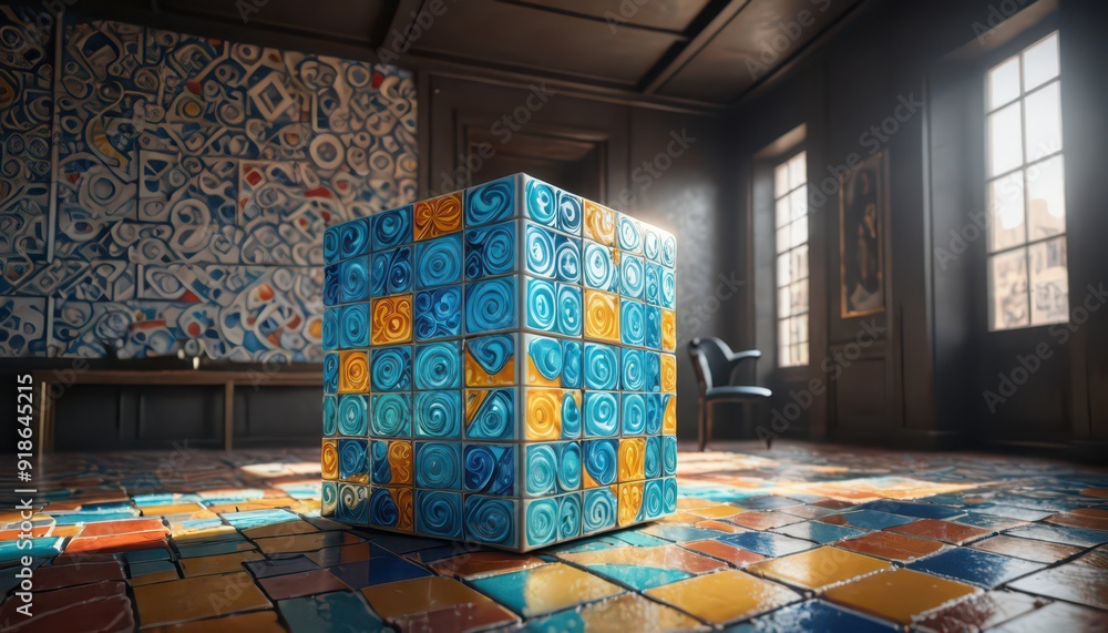 Naklejka premium Abstract Cube with Swirls in an Art Gallery.