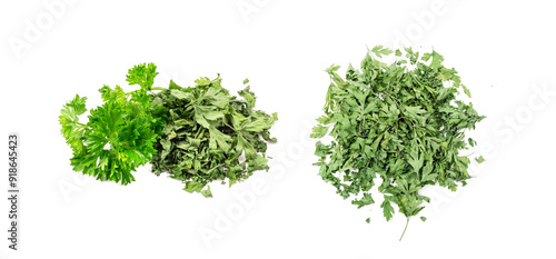 Dry parsley pile isolated. Crushed cilantro leaves heap, dried garden parsley, chervil flakes, corriender pileces photo