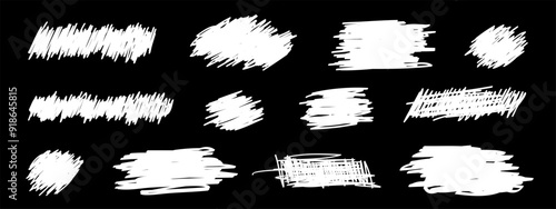 White ripped grunge textures on black background. Coin scratches textures on cratchcard or lottery ticket. Hand-drawn smears. Marker, pencil, pen or ink scribbles. Vector graphic illustration.