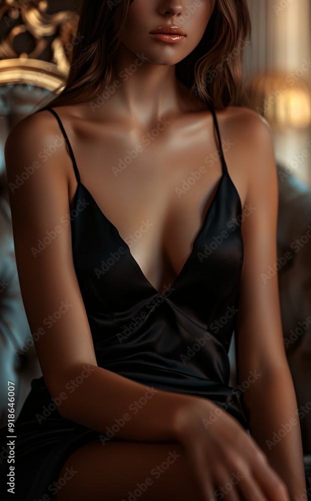Young Woman in Black Satin Dress Posing Elegantly Indoors on Armchair Young Woman in Black Satin Dress Posing Elegantly Indoors on Armchair