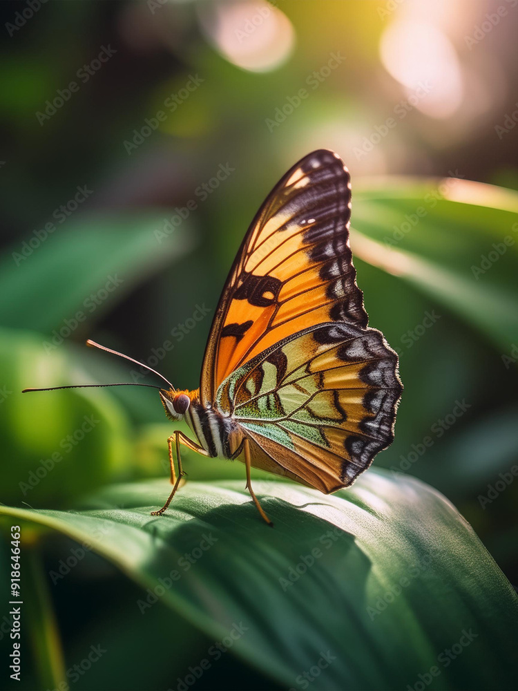 of a colorful butterfly walking on a leaf surrounded by greenery of a colorful butterfly walking on a leaf surrounded by greenery