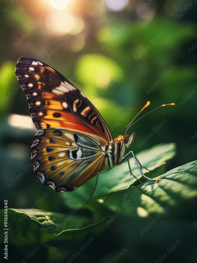 Fototapeta premium of a colorful butterfly walking on a leaf surrounded by greenery