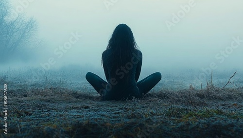 a person sitting cross-legged alone in nature during the cold winter to illustrate the concept of loneliness