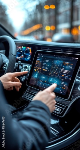 A man in a suit drives a futuristic car with a digital dashboard displaying a navigation system and other vehicle information