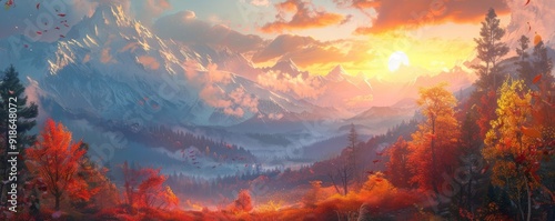 Sunset over an autumn mountain range