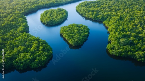 Aerial landscape of river junction in mangrove forest.  photo