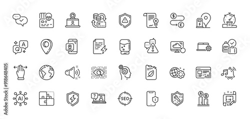 Seo, Loud sound and Ab testing line icons pack. AI, Question and Answer, Map pin icons. Recovery cloud, Water cooler, Artificial intelligence web icon. Vector