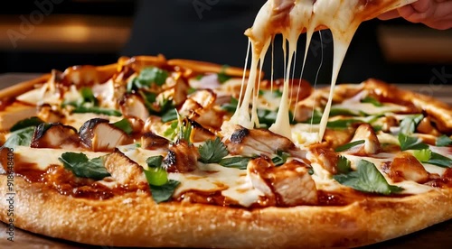 Traditional Italian food Pizza. This pizza features a golden-brown crust, melted cheese, pieces of chicken, fresh herbs like cilantro, and a hand lifting a cheesy slice.