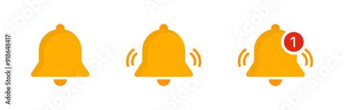 Notification bell icon set. Alarm symbol. Ringing bells reminder icon , incoming inbox message sign - Web icons collection set