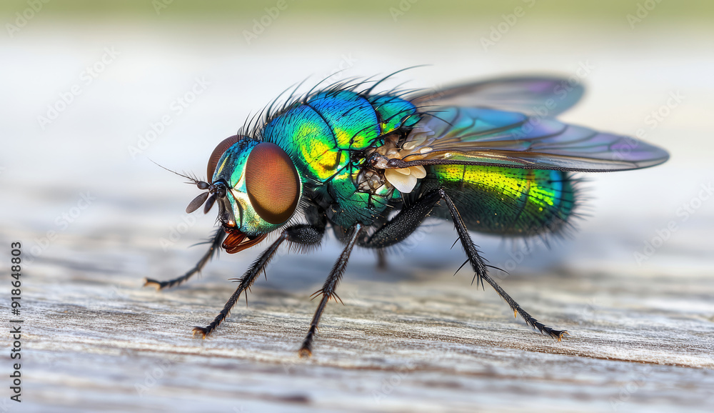 \Ggreen fly with blue and yellow wings, perched on the edge of a wooden surface \Ggreen fly with blue and yellow wings, perched on the edge of a wooden surface