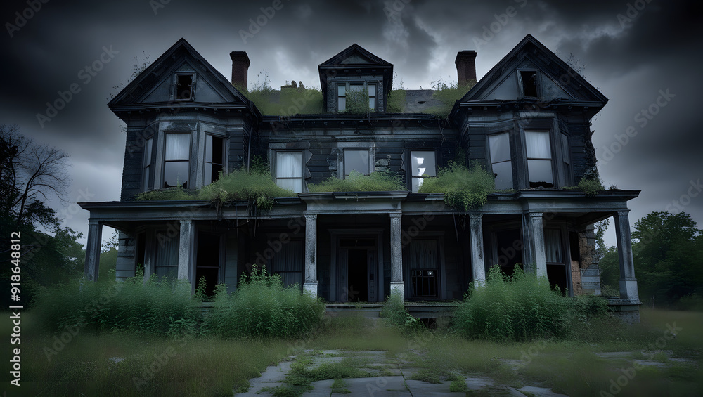 Abandoned Mansion with Broken Windows and Overgrown Weeds.