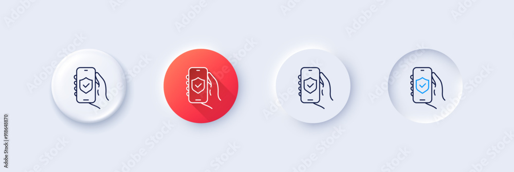 Security app line icon. Neumorphic, Red gradient, 3d pin buttons. Hand hold phone sign. Cellphone with screen notification symbol. Line icons. Neumorphic buttons with outline signs. Vector Security app line icon. Neumorphic, Red gradient, 3d pin buttons. Hand hold phone sign. Cellphone with screen notification symbol. Line icons. Neumorphic buttons with outline signs. Vector