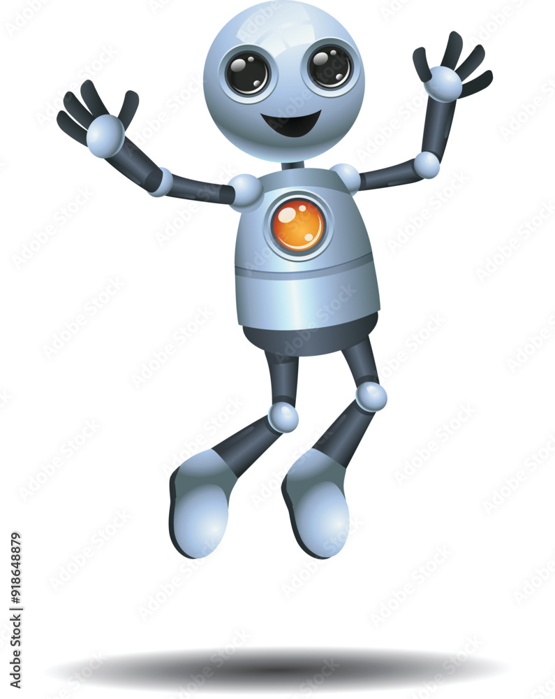 3D illustration of a little robot worker jumping in happiness on isolated white background 3D illustration of a little robot worker jumping in happiness on isolated white background