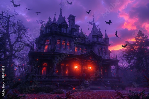 Haunted Mansion at Dusk With Bats