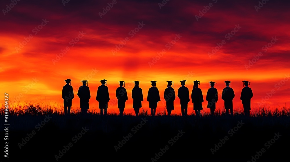 Silhouettes of students with graduate caps in a row on panoramic sunset background. Graduation ceremony at university web banner, class of 2024 Silhouettes of students with graduate caps in a row on panoramic sunset background. Graduation ceremony at university web banner, class of 2024