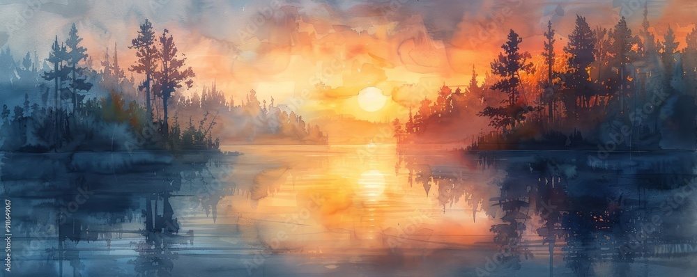Abstract sunrise over a foggy river in watercolor. Abstract sunrise over a foggy river in watercolor.
