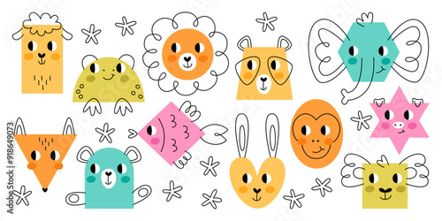 Cute geometric shapes in form of funny hand drawn animals figures set comic geometry art design