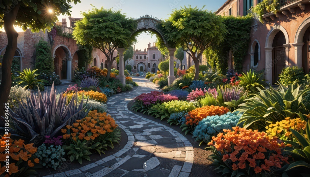 Obraz premium Sunlit Pathway Through a Lush Garden.