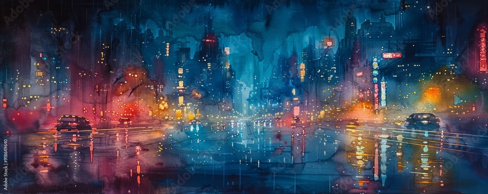 Abstract rain-soaked cityscape at night in watercolor.
