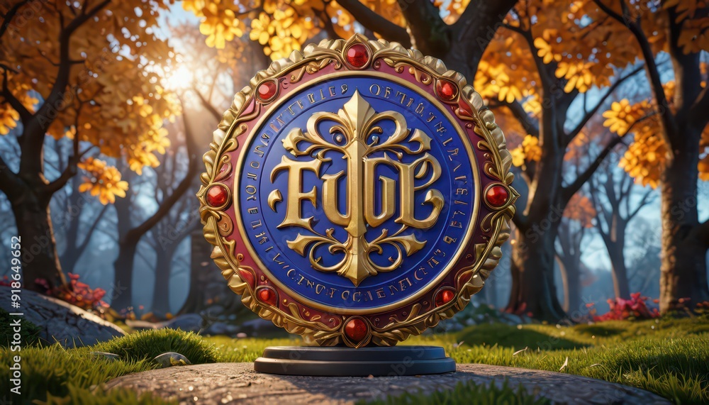 Golden Emblem with Autumn Forest Background. Golden Emblem with Autumn Forest Background.