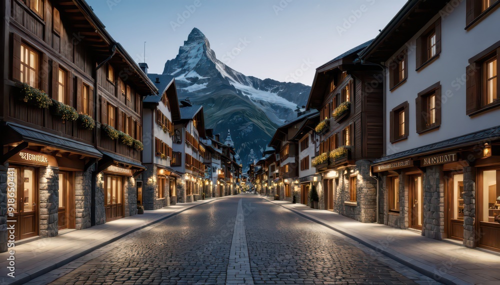 Cobblestone Street with Mountain View in European Village. Cobblestone Street with Mountain View in European Village.