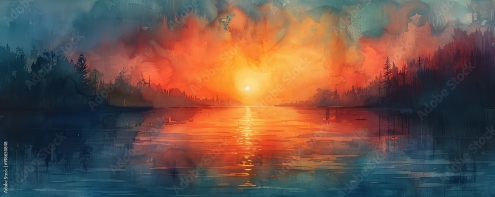 Abstract twilight over a peaceful lake in watercolor. Abstract twilight over a peaceful lake in watercolor.
