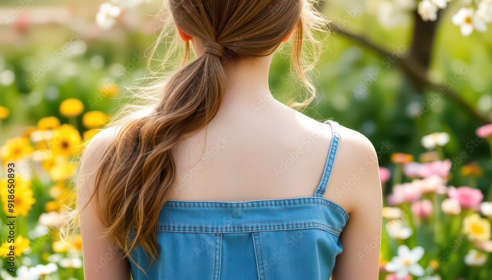 Woman with long brown hair in a blue denim dress, back view. Woman with long brown hair in a blue denim dress, back view.