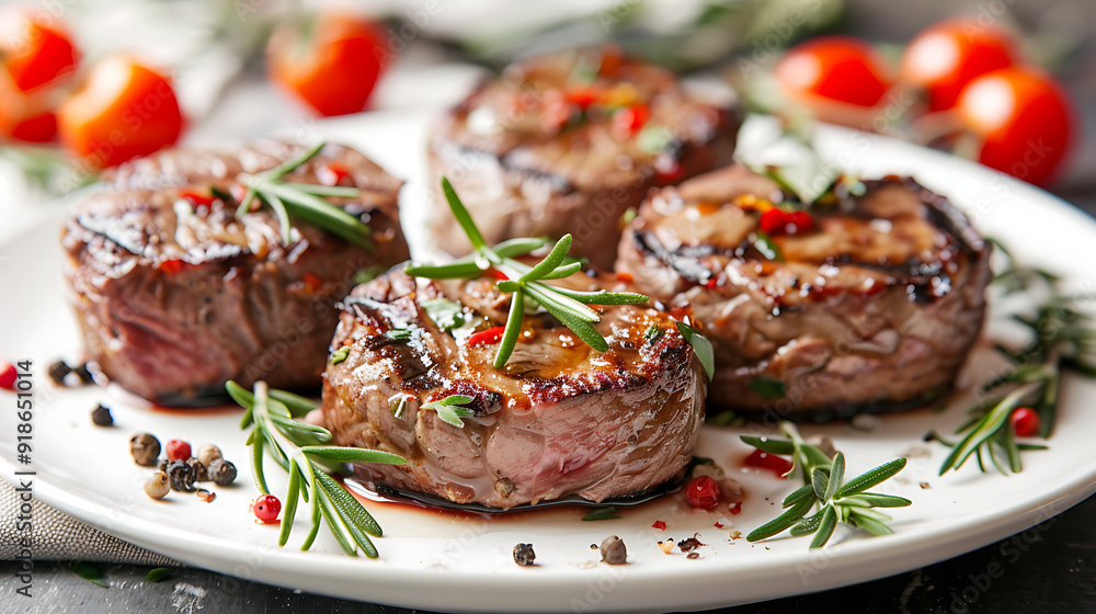 a close-up of four cooked steaks garnished with sprigs of rosemary, resting on a white plate. There are scattered herbs and spices around the steaks a close-up of four cooked steaks garnished with sprigs of rosemary, resting on a white plate. There are scattered herbs and spices around the steaks