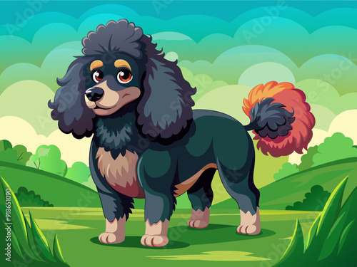 sprightly Poodle with a neatly groomed, curly black coat, standing with a poised posture, elegant neck, fluffy tail, proud expression highlight its refined and lively character, isolated background