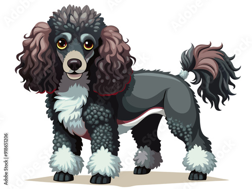 sprightly Poodle with a neatly groomed, curly black coat, standing with a poised posture, elegant neck, fluffy tail, proud expression highlight its refined and lively character, isolated background