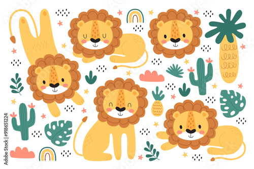 Cute childish baby lion cartoon character set with jungle and African safari natural pattern