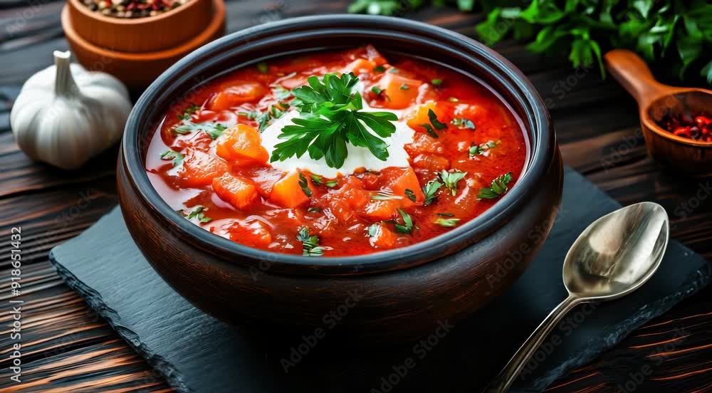 Traditional Ukrainian food Borscht. A vibrant beet soup with chunks of beets, carrots, potatoes, and cabbage in red broth, garnished with sour cream and parsley. Traditional Ukrainian food Borscht. A vibrant beet soup with chunks of beets, carrots, potatoes, and cabbage in red broth, garnished with sour cream and parsley.