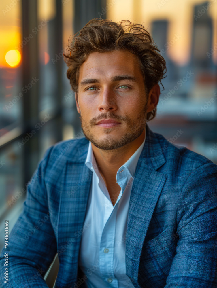 Confident Businessman in Blue Suit Smiling at Sunset in Modern Office Confident Businessman in Blue Suit Smiling at Sunset in Modern Office