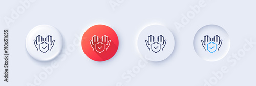 Insurance hands line icon. Neumorphic, Red gradient, 3d pin buttons. Risk coverage sign. Policyholder protection symbol. Line icons. Neumorphic buttons with outline signs. Vector