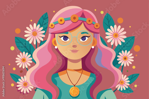A cartoon girl with vibrant pink hair adorned with colorful flowers, exuding a cheerful and whimsical charm.