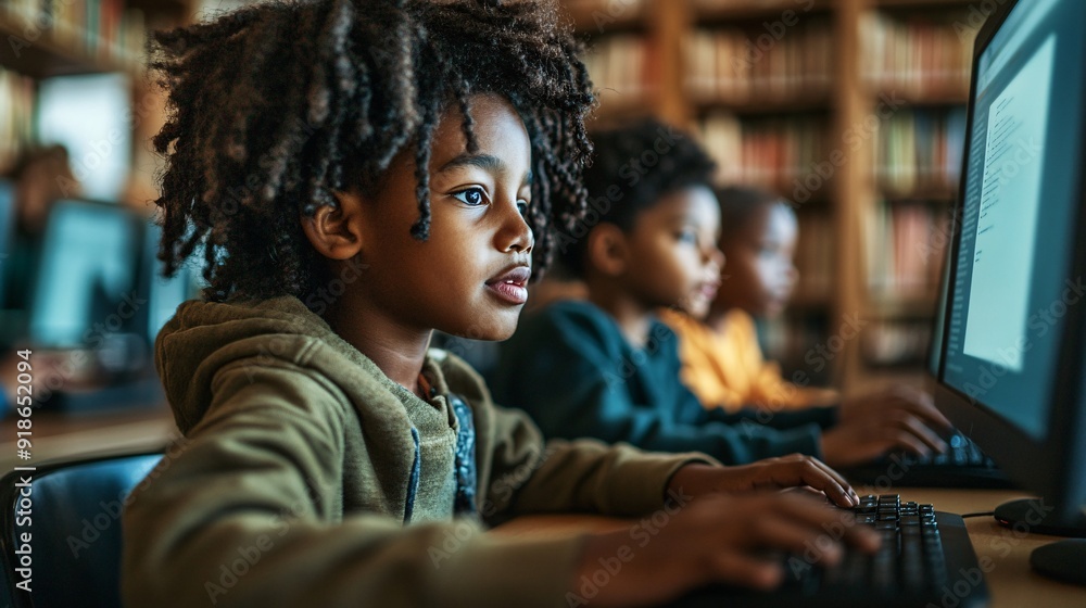 Children using computers in a library Children using computers in a library