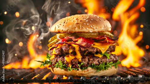 Delicious triple cheeseburger with crispy bacon and fresh toppings on grill with flames. Generative AI. photo