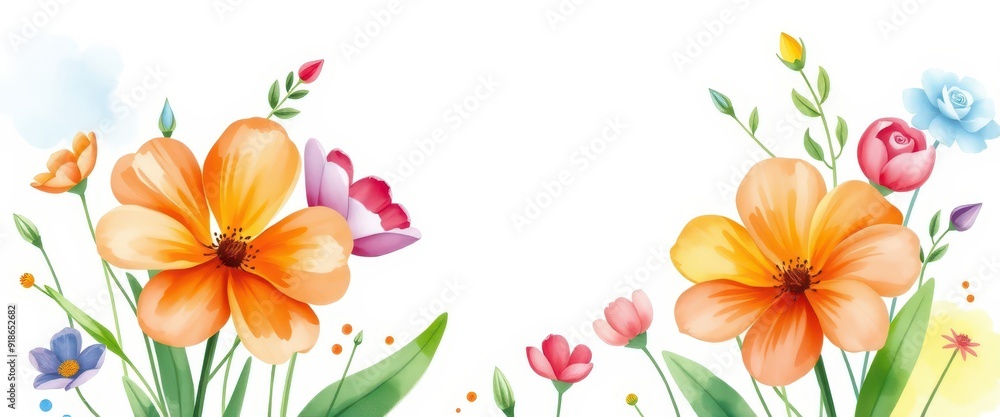 Obraz premium Watercolor Floral Border with Orange Flowers.