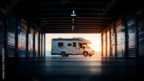 Motorhome in Storage Facility at Sunset