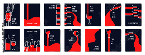 Wine tasting. Set of minimalist poster designs in red, white and blue colors. Vector illustration of a wine bottle and glasses.	
