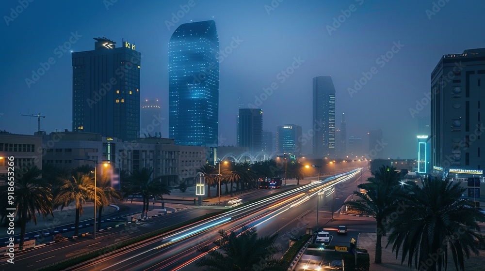 Cityscape with Skyscrapers and Palm Trees at Dusk Cityscape with Skyscrapers and Palm Trees at Dusk