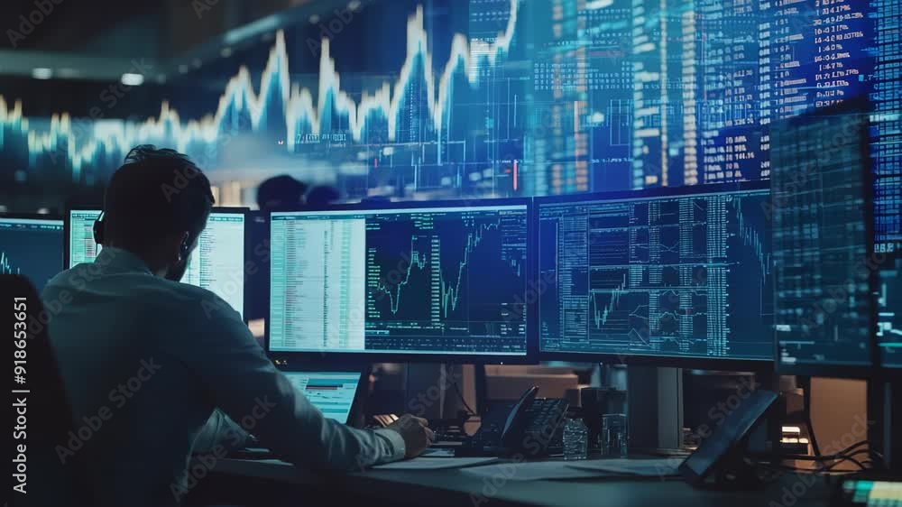 Brokers analyze data on multiple screens in dimly lit trading room. Slow pan across workstations reveals monitors filled with charts, graphs, and financial data. Brokers analyze data on multiple screens in dimly lit trading room. Slow pan across workstations reveals monitors filled with charts, graphs, and financial data.