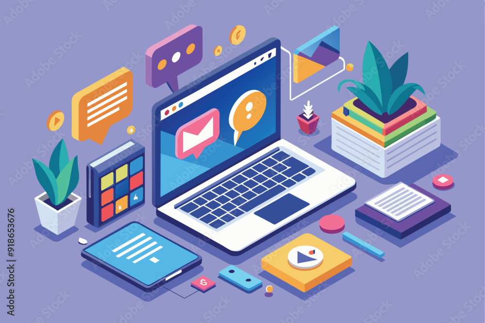 Isometric illustration of a laptop surrounded by cloud computing icons, symbolizing digital connectivity and data management. Isometric illustration of a laptop surrounded by cloud computing icons, symbolizing digital connectivity and data management.